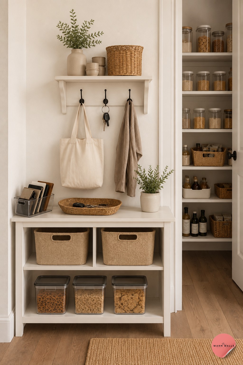 Farmhouse pantry with labeled mason jars