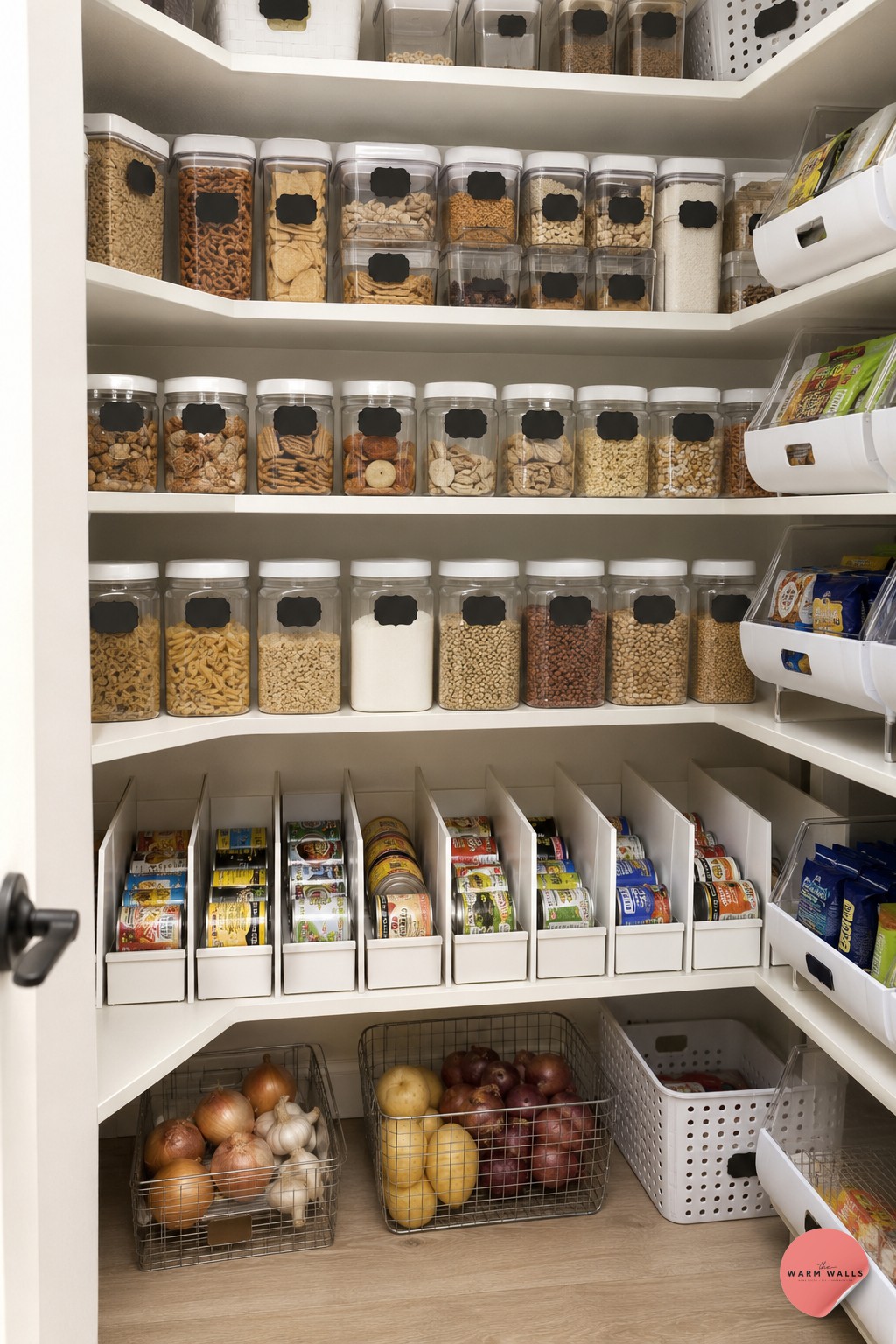 Farmhouse pantry with labeled mason jars