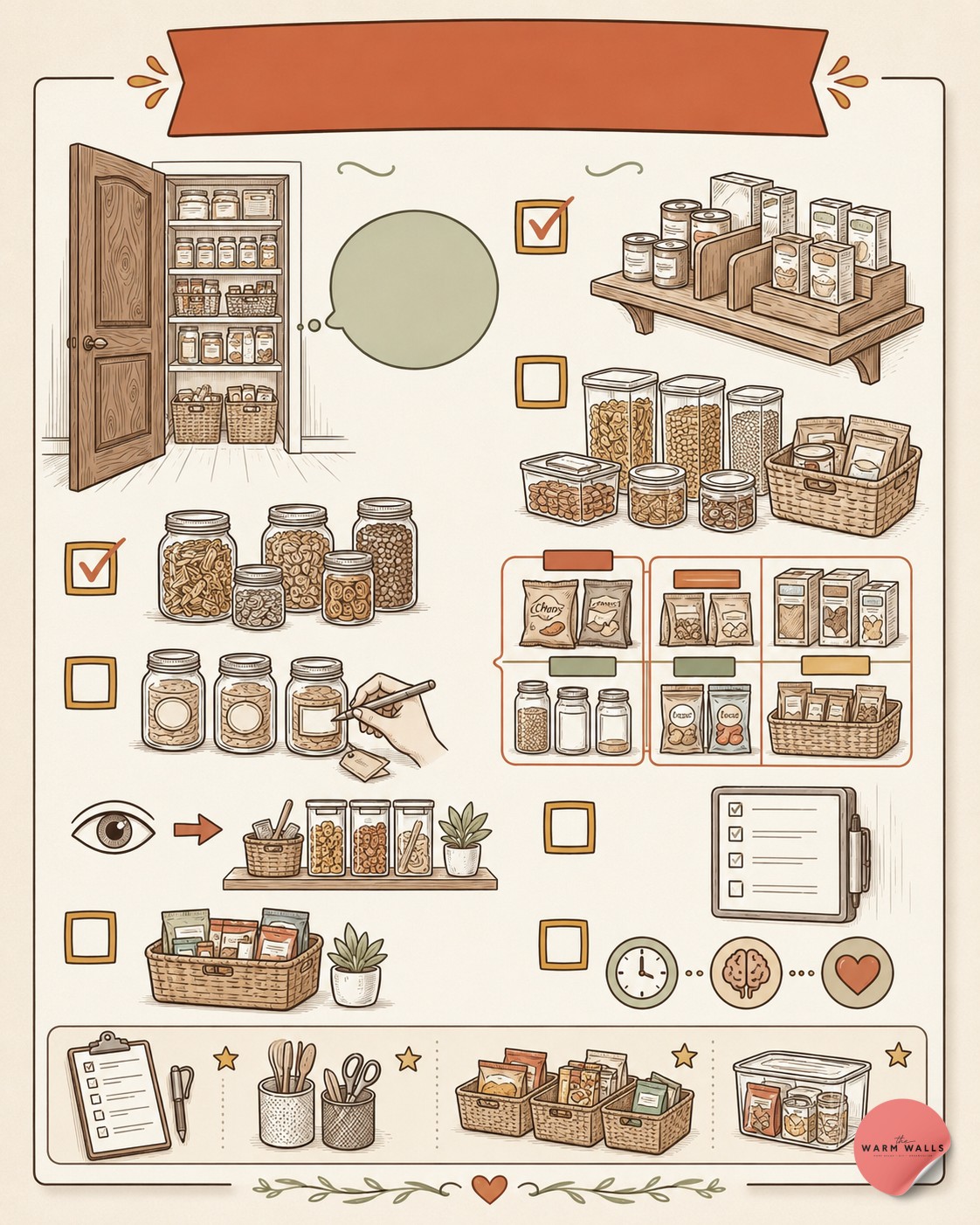 Farmhouse pantry with labeled mason jars