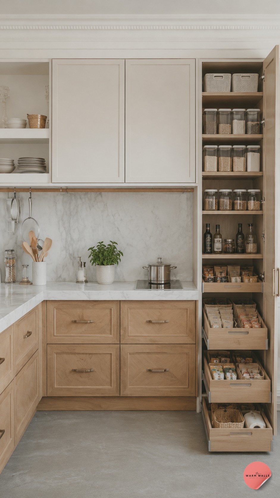 Hand organizing labeled snack bin in pantry