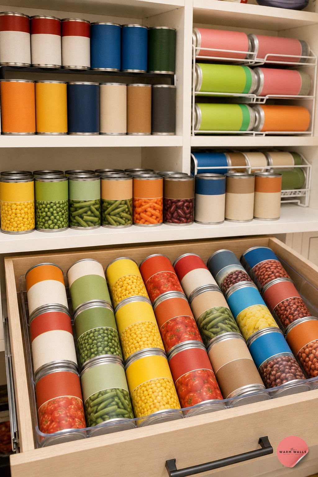 Pull-out wire baskets organizing pantry categories