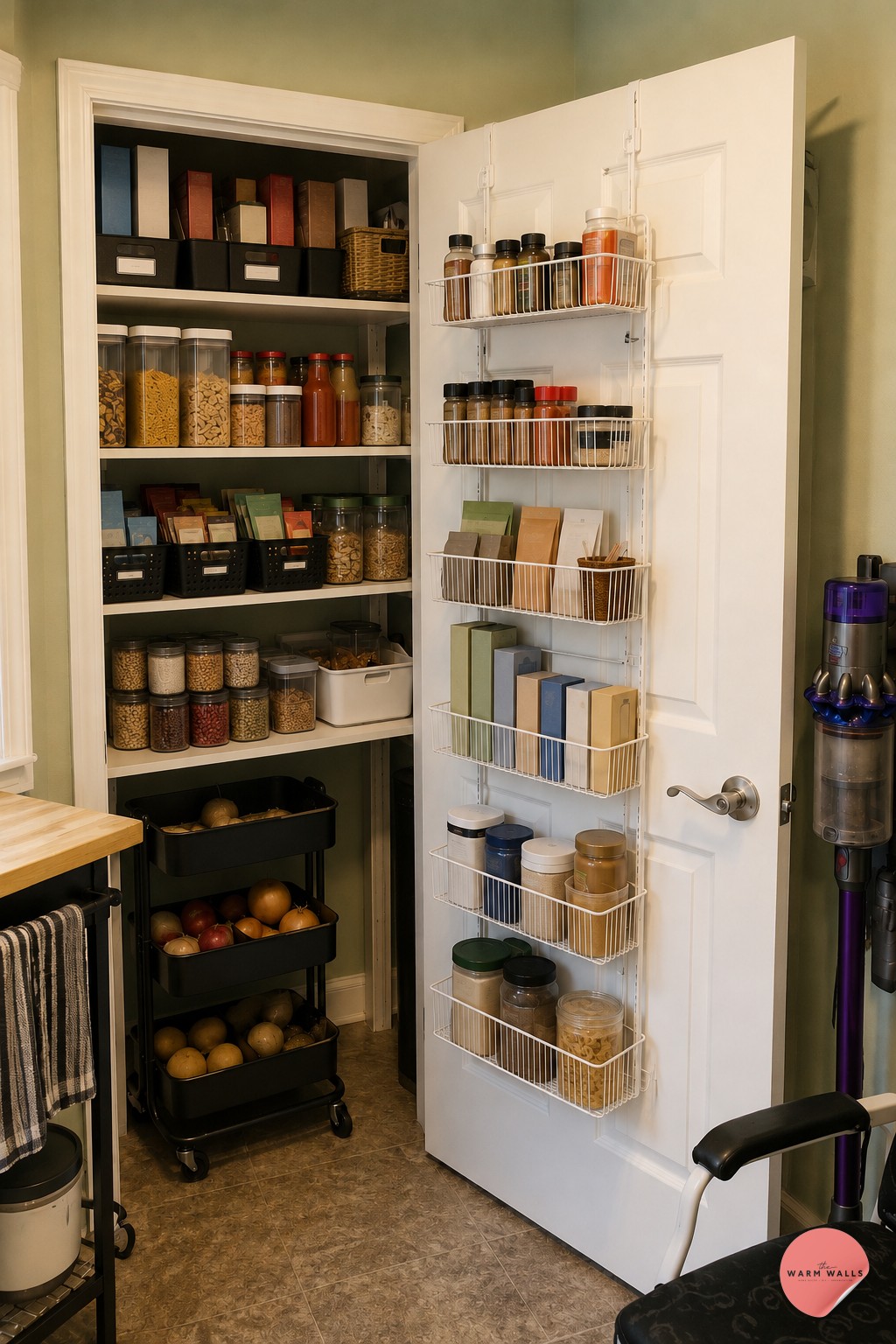 Farmhouse pantry with labeled mason jars