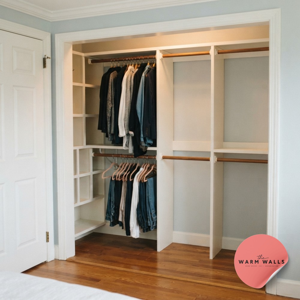 Asymmetrical floating closet shelving in white lacquer maximizes an oddly shaped walk-in closet corner.