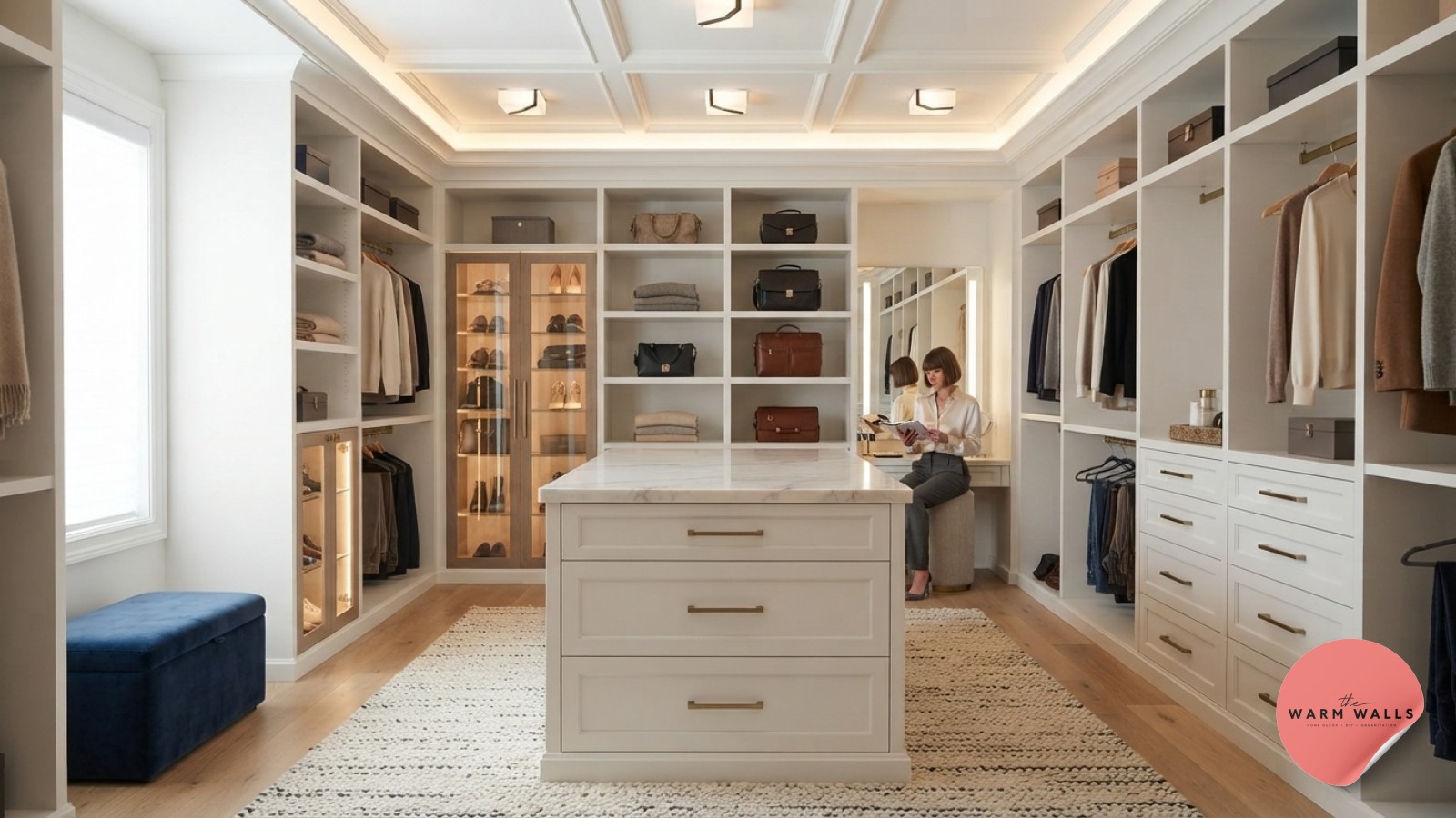 Floor-to-ceiling walnut closet shelving with glass-front cabinets creates a boutique-style dressing room.