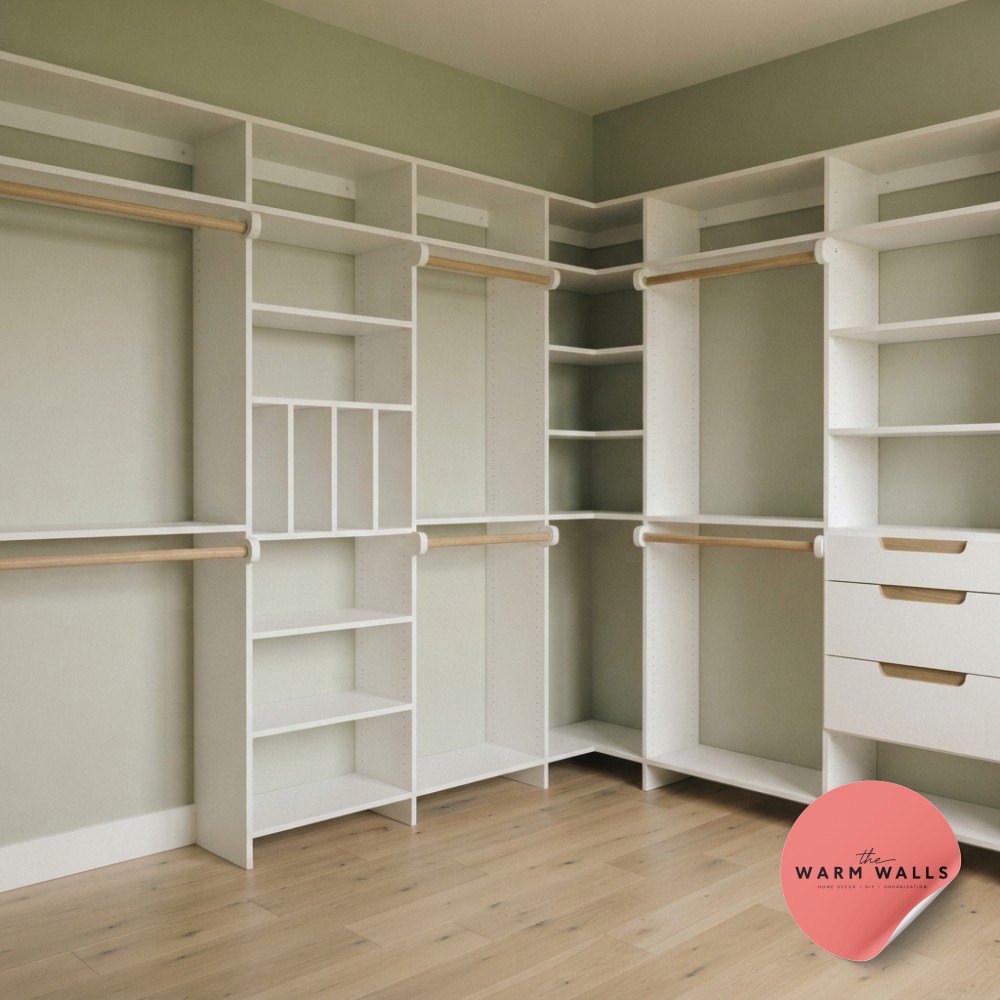Light oak slatted closet shelving with labeled linen boxes defines a Scandinavian minimalist closet.