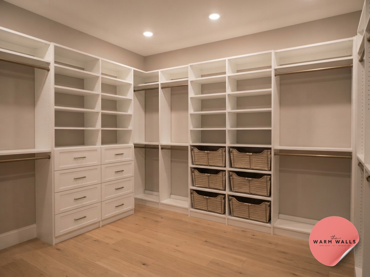 Scalloped wood closet shelving strung with fairy lights adds personality to a teen girl's pink closet.