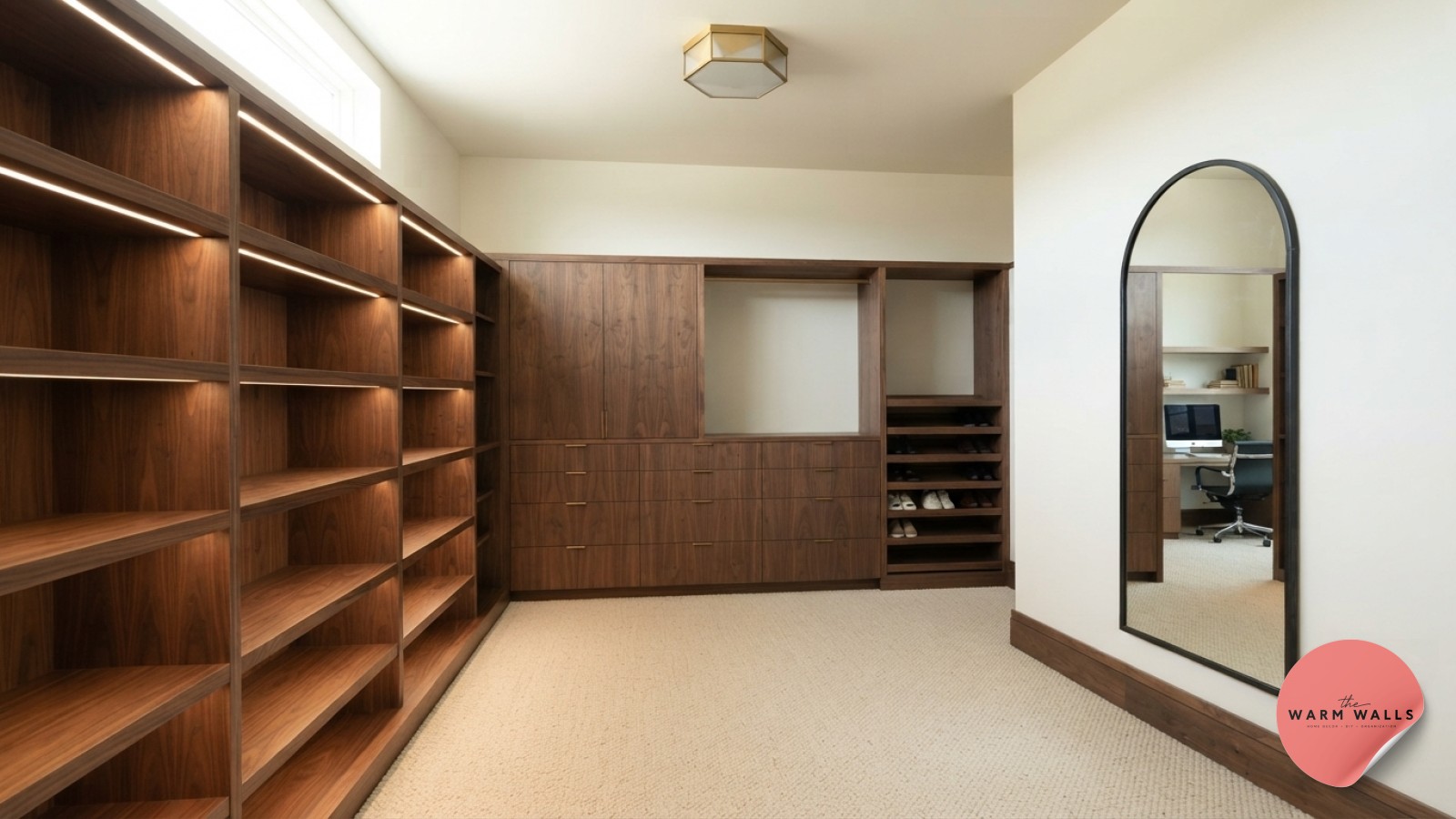 Sleek black metal closet shelving against exposed brick gives a modern industrial closet its edge.