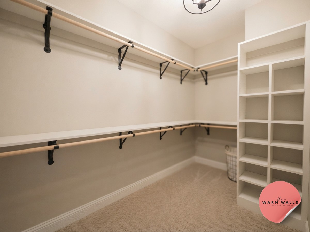 Floating marble-topped closet shelving gives a primary closet a serene, spa-like feel.