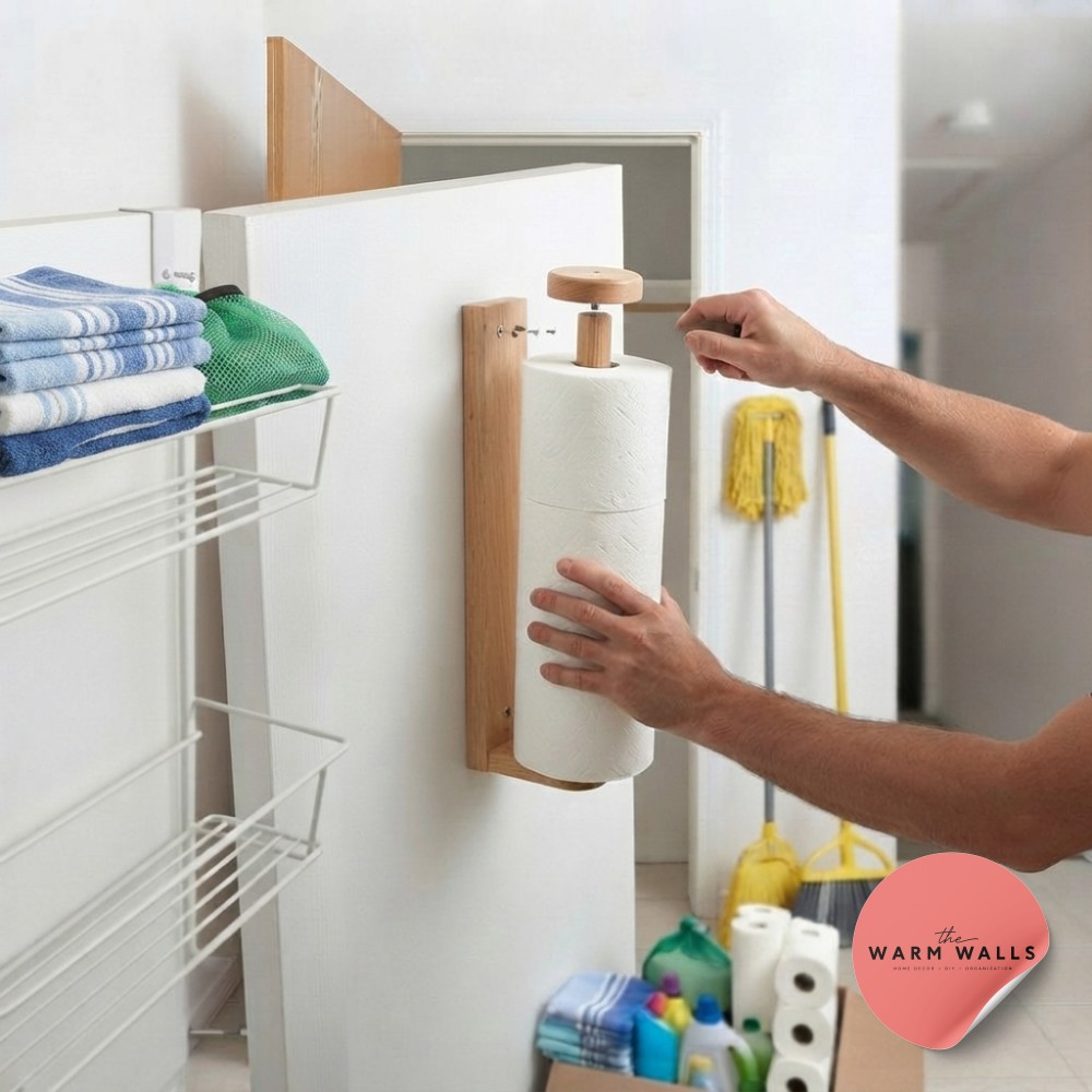 Folded towels landing on the top wire tier, the first filled shelf of these hall closet organization shelves