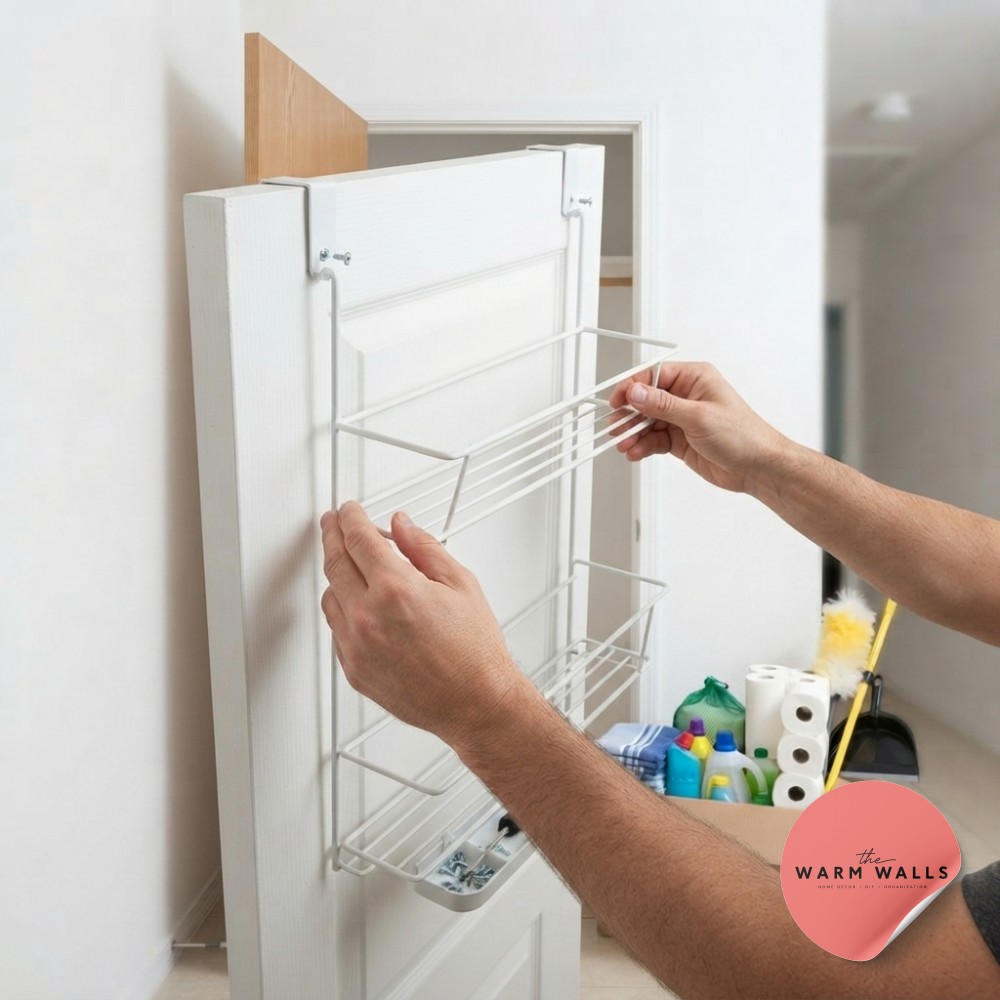 Hands installing an over-the-door rack, the first real step toward working hall closet organization shelves