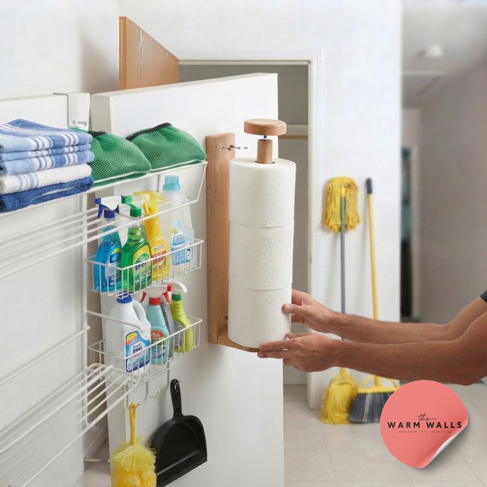 Cleaning bottles sorted onto wire tiers and a paper towel tower full, mid-way through hall closet organization shelves