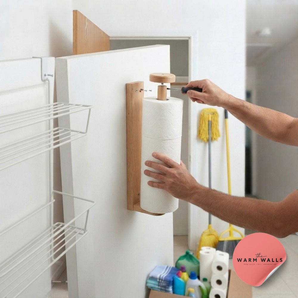 Mounting a wooden paper towel holder inside the closet as part of a full hall closet organization shelves plan