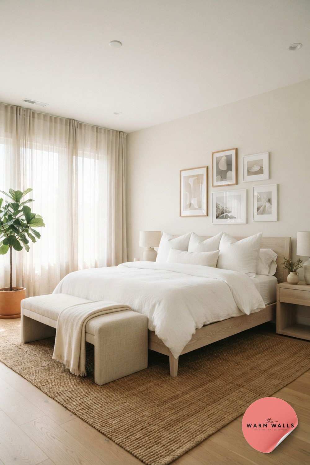 Bright airy luxury white bedroom aesthetic with sheer curtains and bleached oak bed in daylight