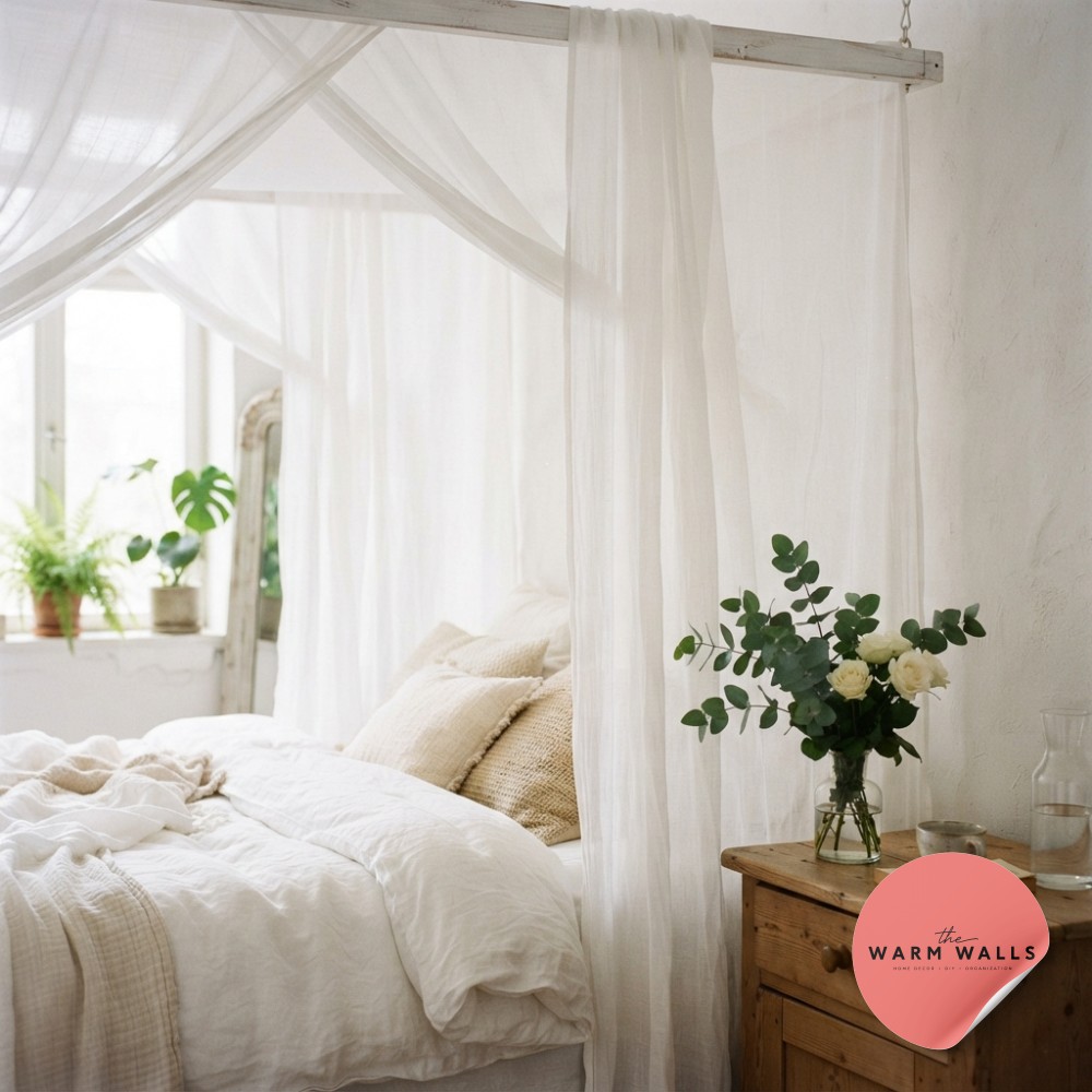 Dreamy sheer canopy detail over a bed showcasing a soft luxury white bedroom aesthetic