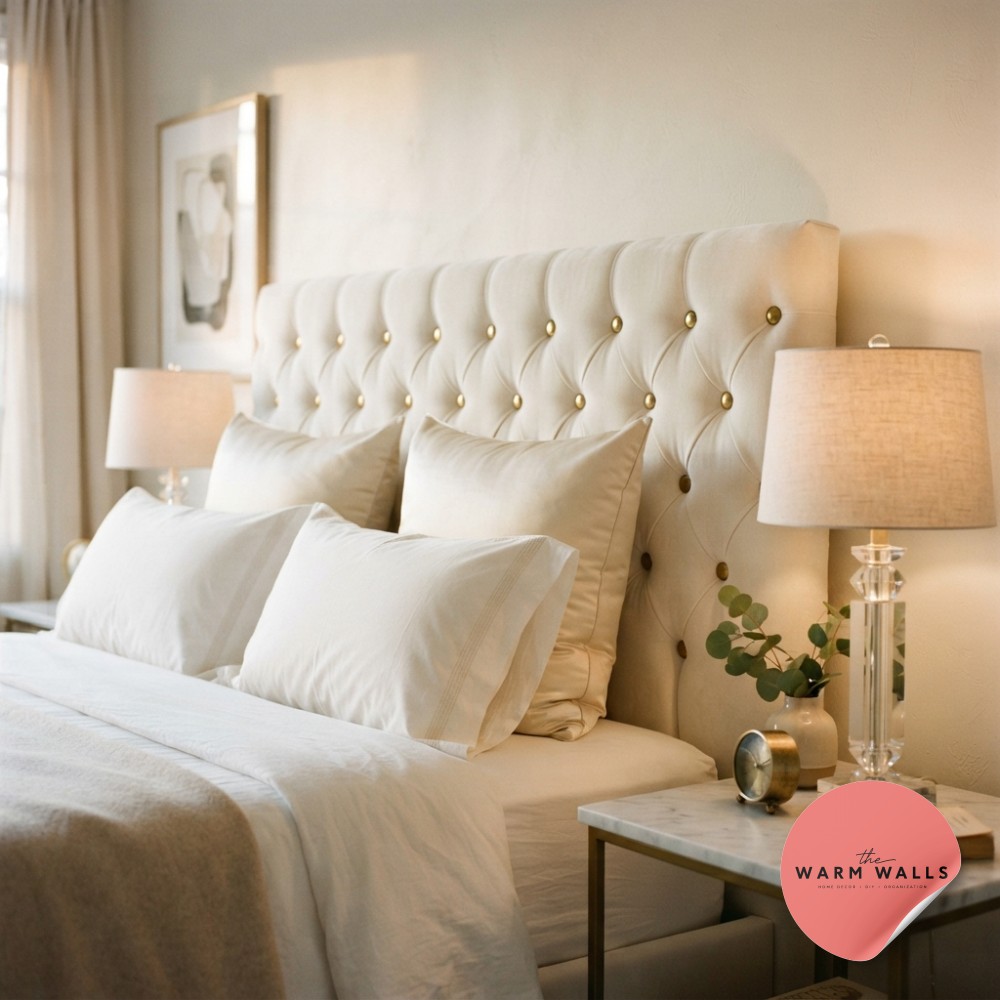Close-up of a tufted velvet white headboard styled for a glamorous luxury white bedroom aesthetic