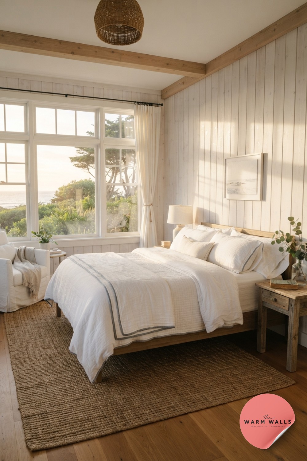 Coastal luxury white bedroom aesthetic with whitewashed paneling and jute rug by large windows