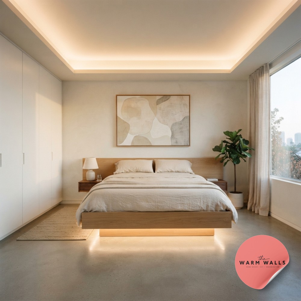 Modern luxury white bedroom aesthetic featuring a floating bed and glowing ceiling cove lighting