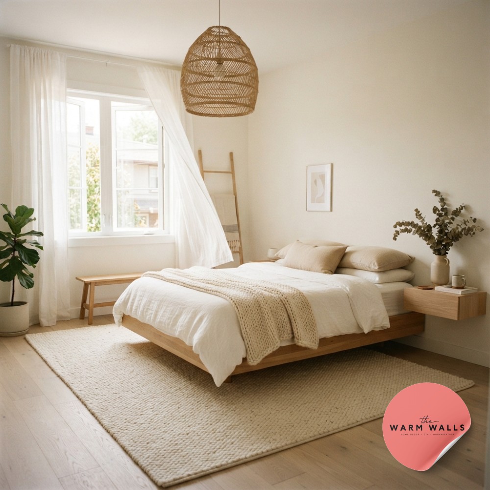Scandinavian luxury white bedroom aesthetic with floating platform bed and rattan pendant light