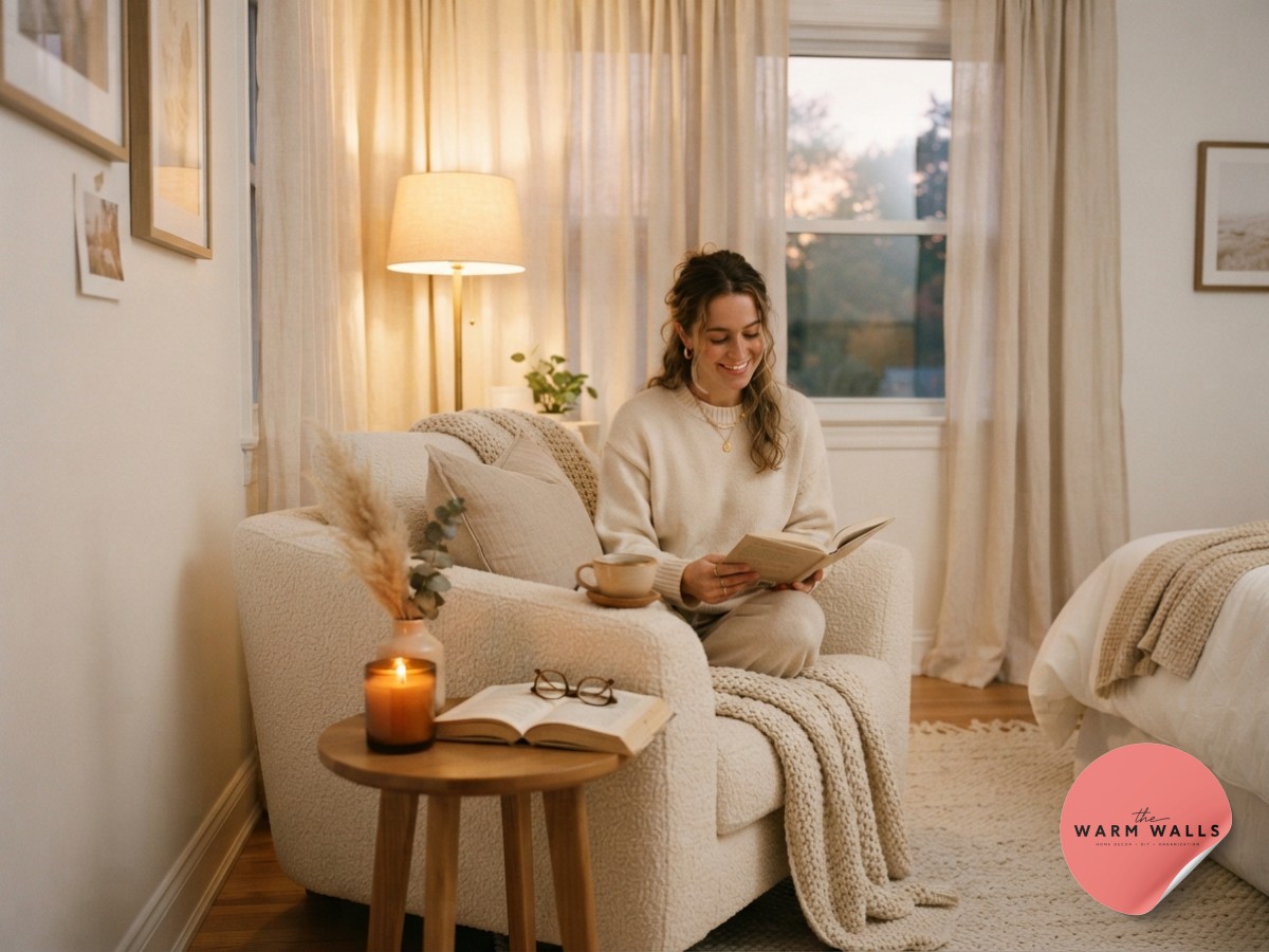 Feminine reading nook styled with a bouclé chair as part of a cozy luxury white bedroom aesthetic