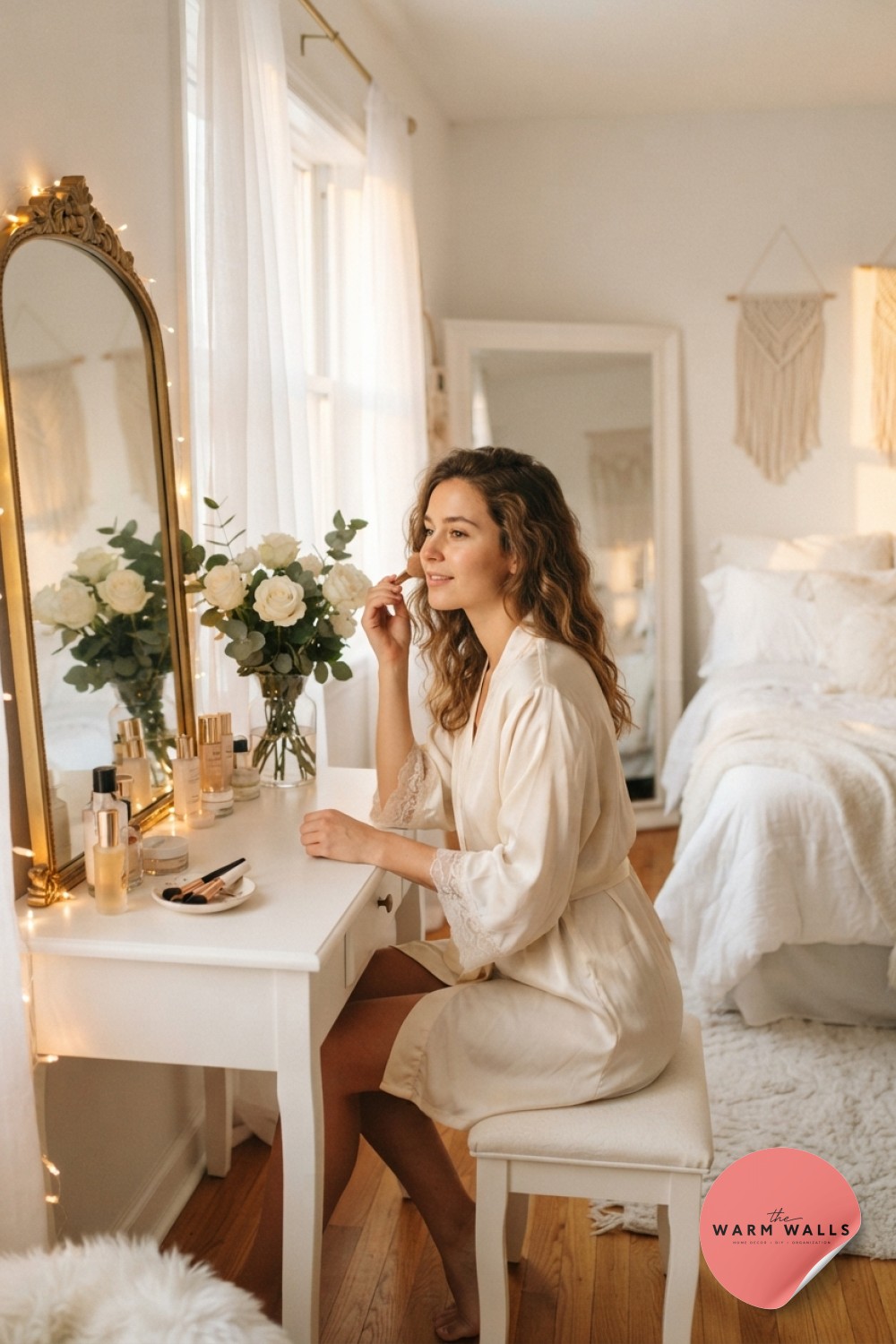 Romantic boudoir vanity corner within a luxury white bedroom aesthetic lit by fairy lights